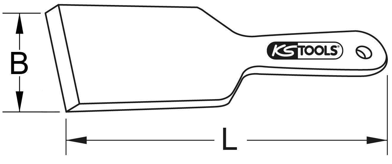 Eine technische Zeichnung eines Werkzeugkratzers mit den Maßen L (Länge) und B (Breite) gekennzeichnet, Griff mit „KS Tools“ Logo.