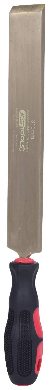 Metallfeile mit schwarzem und rotem Griff, zum Glätten oder Abtragen von Metalloberflächen.