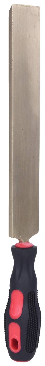 Metallfeile mit rotem und schwarzem Griff, verwendet zum Glätten von Oberflächen und Kanten in handwerklichen Arbeiten.