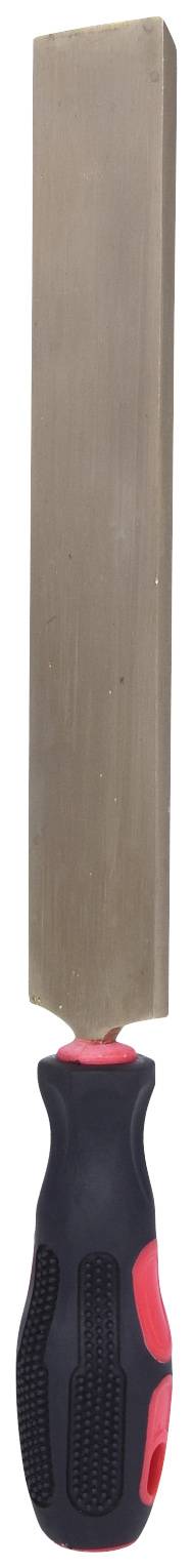 Gefordert ist die textliche Beschreibung eines Handwerkzeugs. Es handelt sich um eine Metallfeile mit schwarzem, gummibeschichtetem Griff.