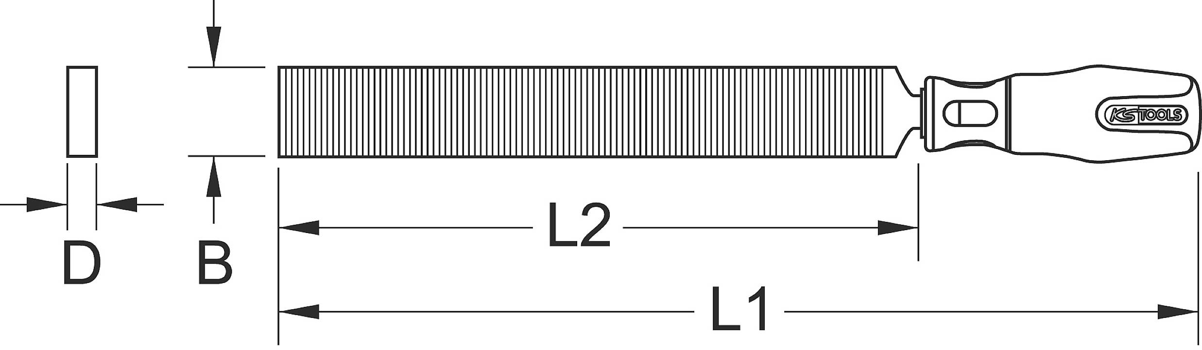 Technische Zeichnung einer Feile mit Maßen. Länge L1 und L2 sowie Breite B und Durchmesser D sind markiert. Griff rechts.