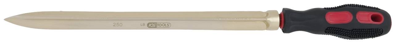 Ein langer, beidseitig abgeschrägter Gartenmesser mit schwarzem und rotem Kunststoffgriff.