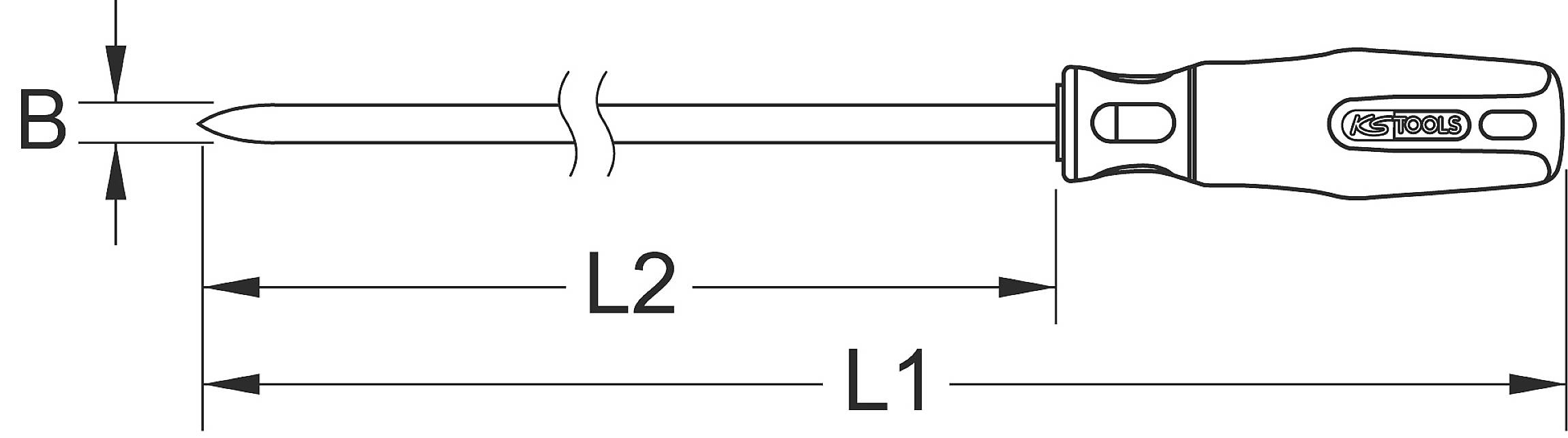 Illustration eines Schraubendrehers mit Maßangaben. Länge des Schafts (L2) und Gesamtlänge (L1) sind markiert. Schaftdurchmesser (B) ist ebenfalls angegeben.