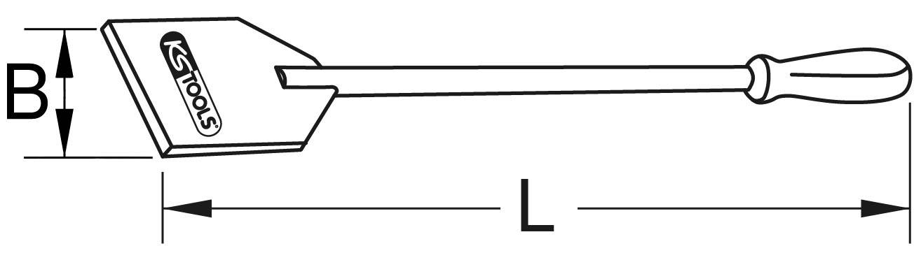 Illustration eines Fliesenhebers mit Griff. Maße: Breite (B) und Länge (L) sind angegeben.