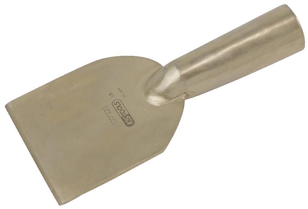 Eine metallene Kelle mit kurzem Griff, häufig in Bau- oder Restaurationsarbeiten genutzt, liegt schräg positioniert.