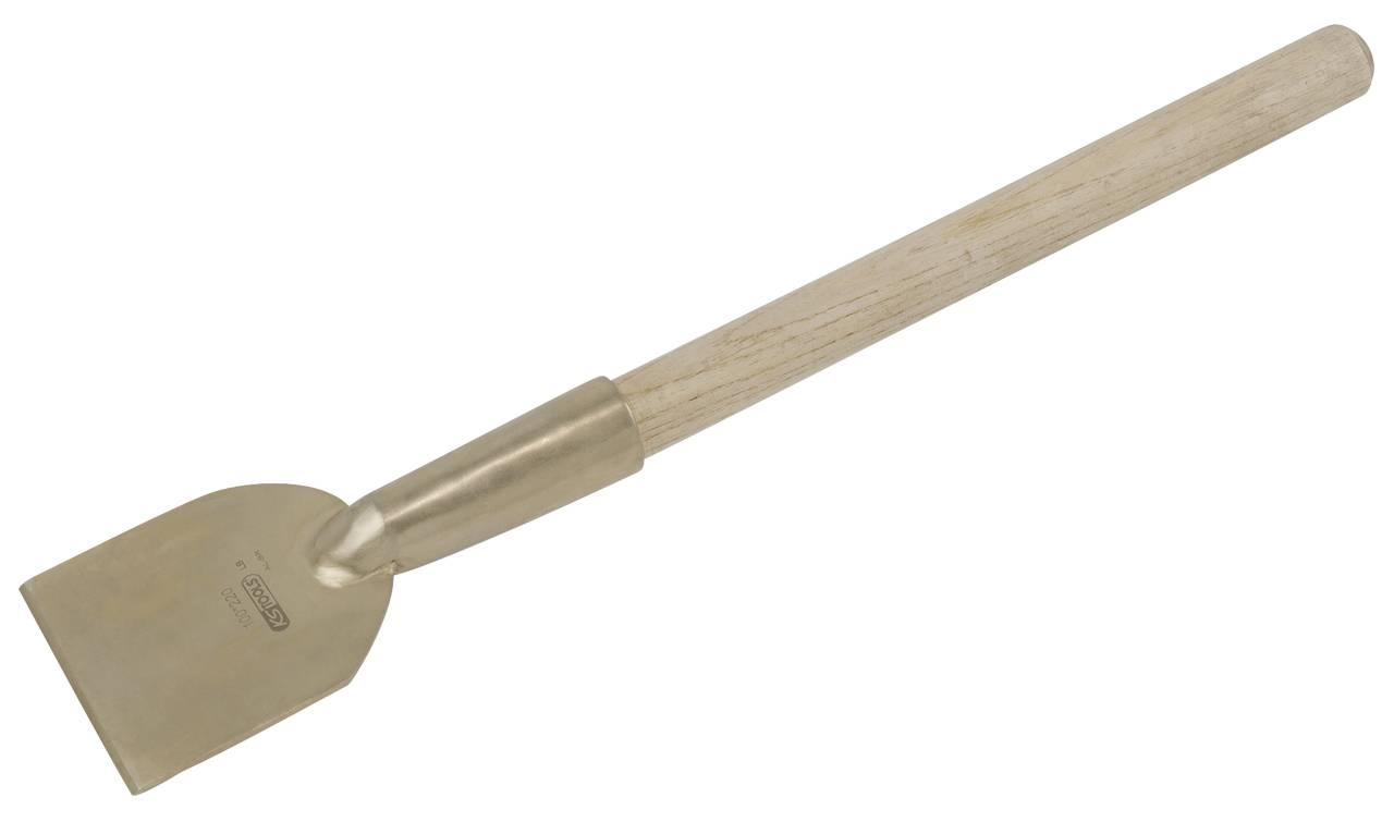 Ein Spachtel aus Metall mit einem Holzgriff, liegend auf einem hellen Hintergrund. Werkzeug zum Abkratzen oder Glätten von Oberflächen.