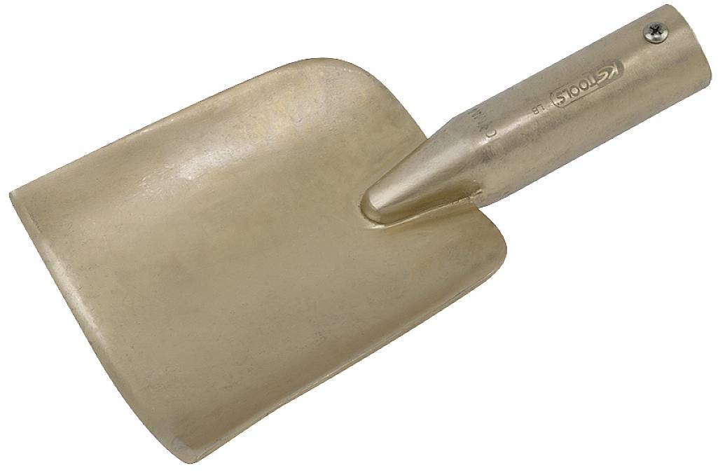 Kleine, kompakte Schaufel ohne Griff, aus bronzefarbenem Metall, geeignet für Gartenarbeiten.