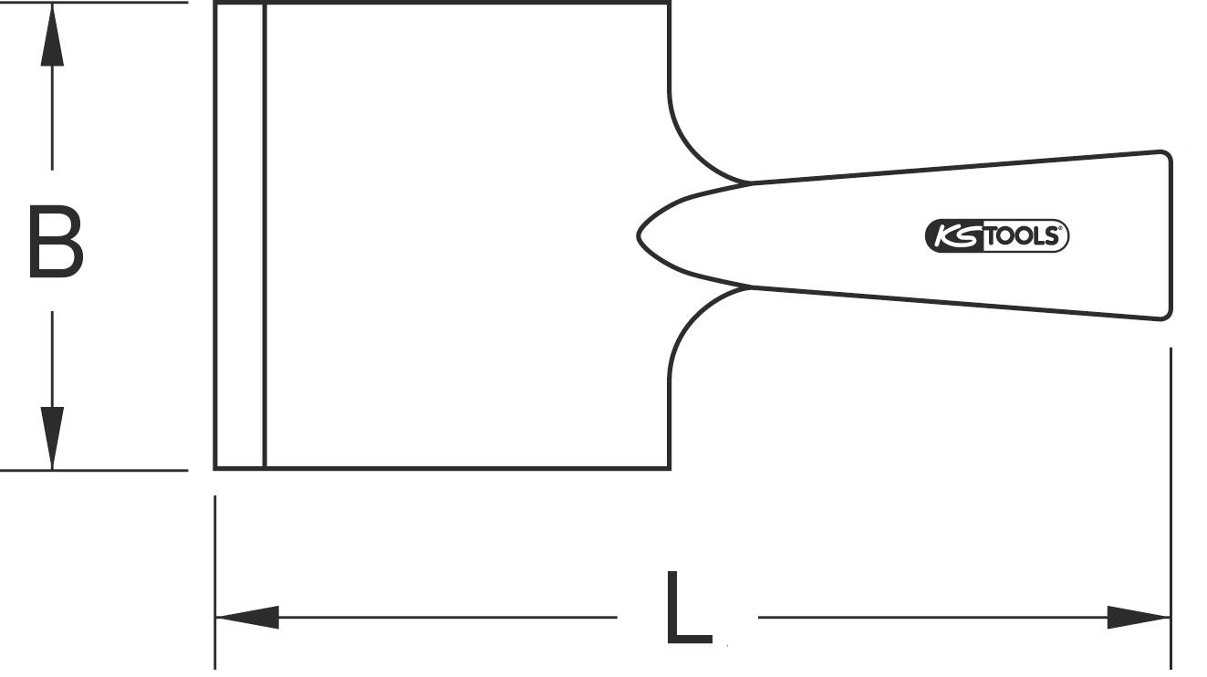 Technische Zeichnung eines Flachmeißels mit Griff. Maße: Breite (B) und Länge (L) sind angegeben. KS Tools Logo auf dem Griff.
