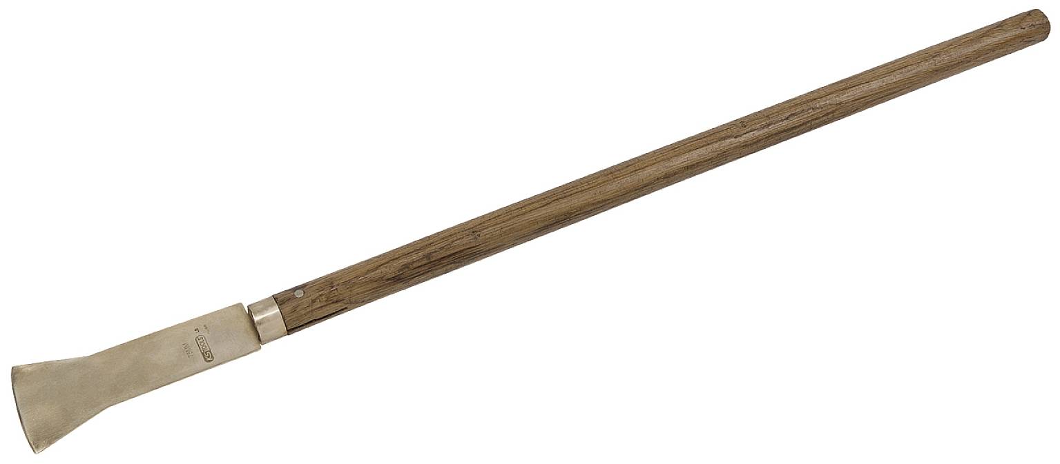 Holzgeblasenes Alphorn, traditionelles Schweizer Blasinstrument aus Holz, liegend, mit Trichteröffnung rechts.