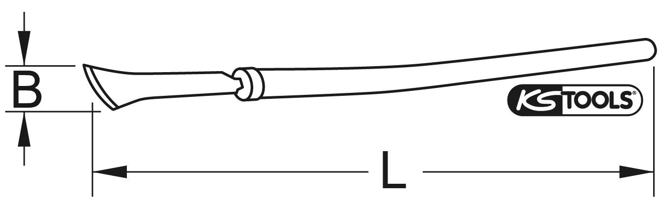Technische Zeichnung eines Meißels mit gebogenem Griff, Breite B, Länge L, KG Tools-Logo auf der rechten Seite.
