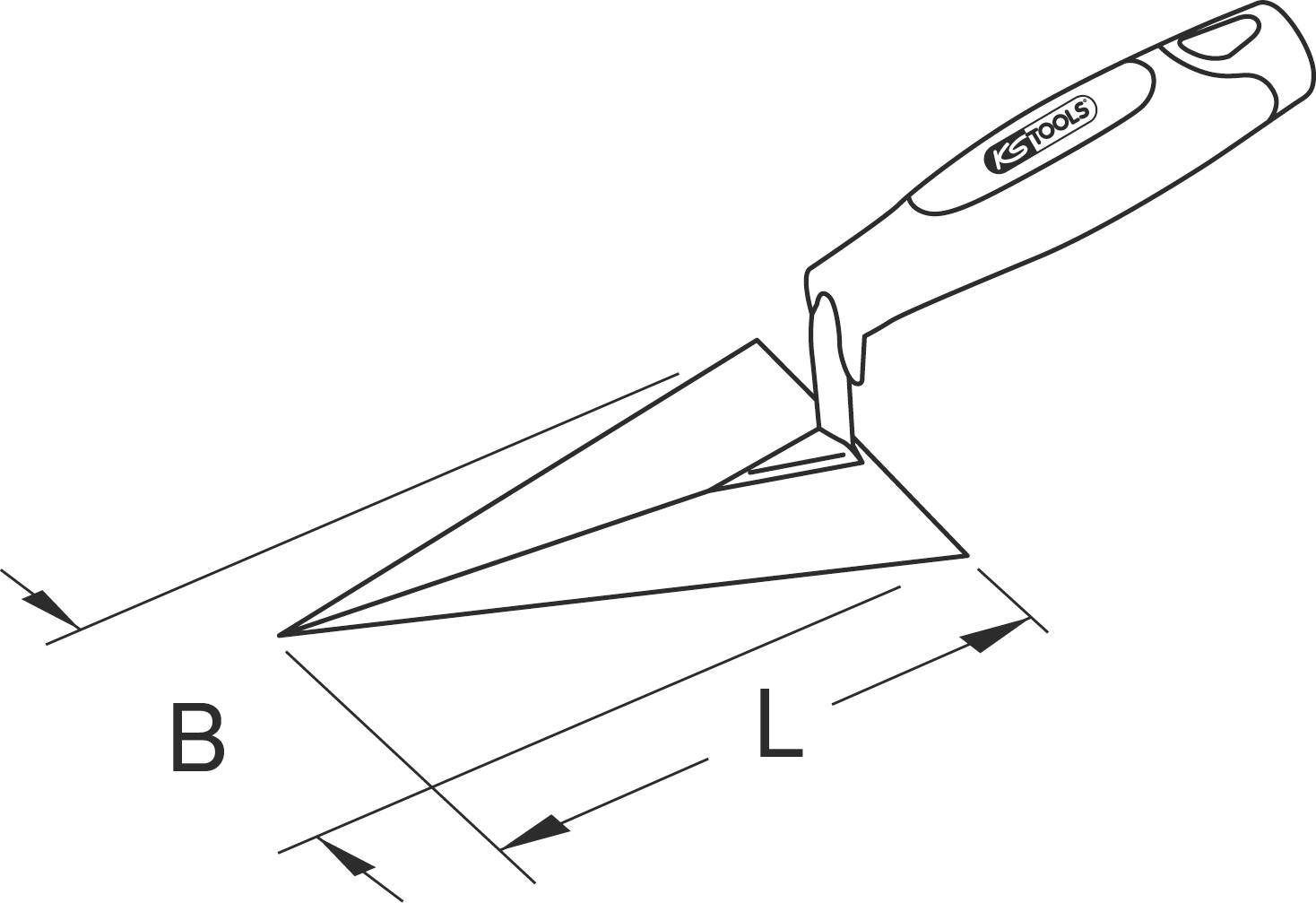 Eine Kelle mit ergonomischem Griff, vermutlich für Maurerarbeiten. Die Skizze zeigt Abmessungen: 'B' für Breite und 'L' für Länge.