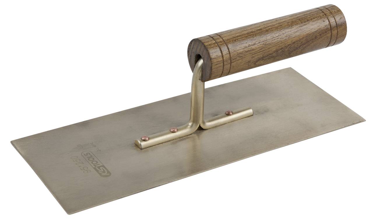Glättkelle aus Metall mit Holzgriff, verwendet für das Glätten von Beton- oder Putzoberflächen.