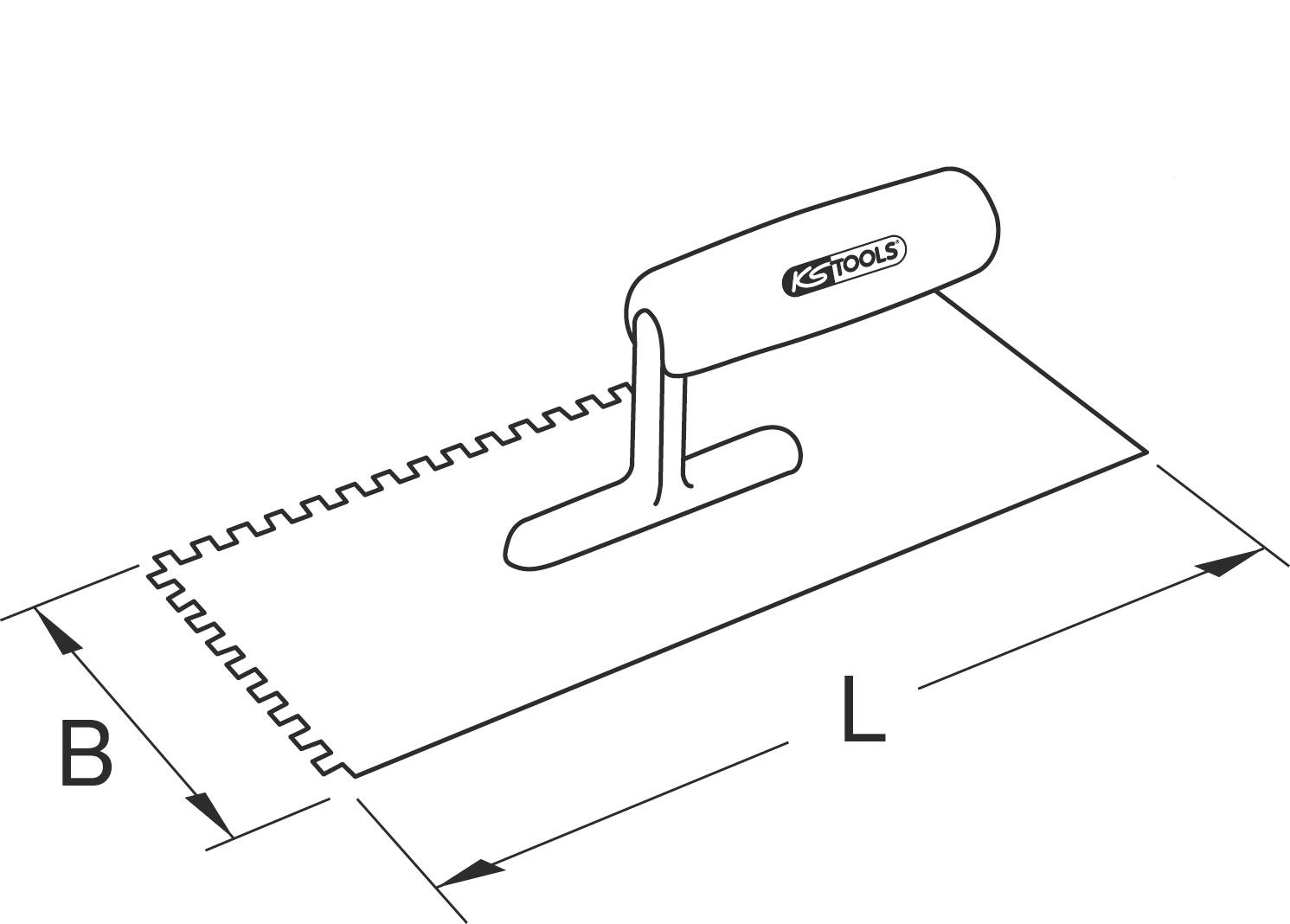 Zeichnung eines Zahnspachtels mit Griff, gekennzeichnet als 'KS Tools'. Die Abmessungen sind mit 'B' für Breite und 'L' für Länge angegeben.
