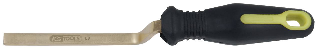 Ein Flachmeißel mit einem schwarzen Griff und einer gelben Spitze, geeignet für präzise Arbeiten an Metall oder Holz.