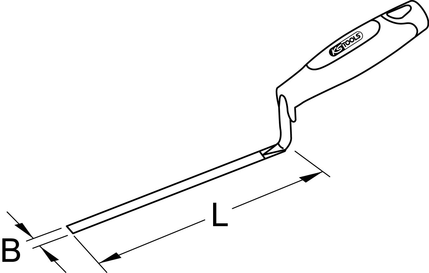 Eine Zeichnung eines Werkzeugs mit einem flachen, langen Schlitzende, einem abgewinkelten Griff und den Markierungen 'B' und 'L'.