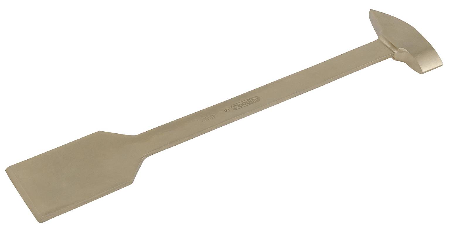 Ein langer, metallischer Schaber mit einem flachen, rechteckigen Kopf links und einem breiten, spachtelartigen Kopf rechts.