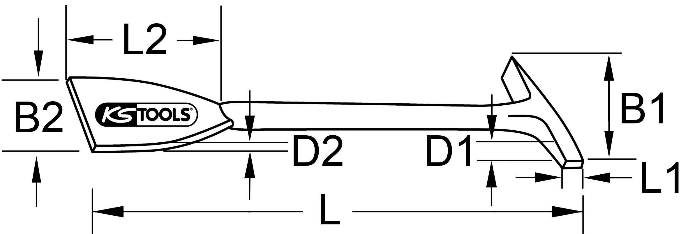 Technische Zeichnung eines Werkzeugs mit Maßen L, L1, L2, D1, D2, B1 und B2. Im linken Bereich ist das Logo 'KS Tools' sichtbar.