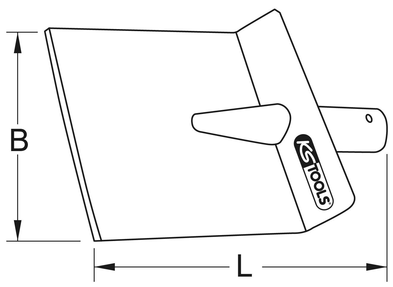Abbildung eines Maurerkellen-Designs mit den Bezeichnungen 'L' und 'B' für Länge und Breite. Enthält das Logo von KS Tools.