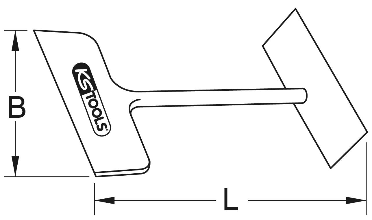 Diagramm eines Werkzeugs mit T-förmigem Griff und Fußtritt. Abmessungen 'B' und 'L' gekennzeichnet. Markenname auf dem Kopf.