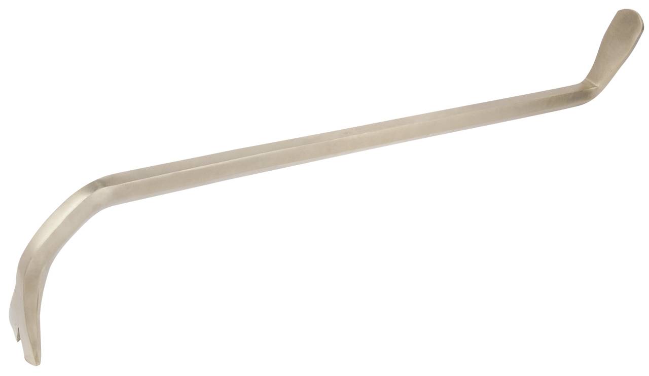 Ein silberfarbener Brecheisen mit gebogenen Enden, geeignet zum Öffnen von Kisten oder Entfernen von Nägeln.