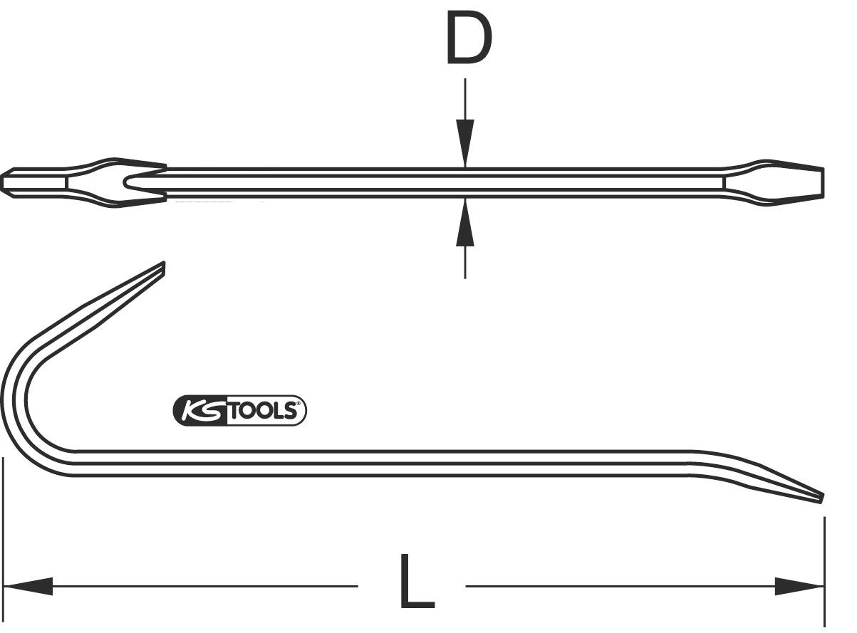 Zeichnung eines Brecheisens mit den Maßen D (Durchmesser) und L (Länge). Gezeigt ist die Form mit Haken- und Hebelspitze.