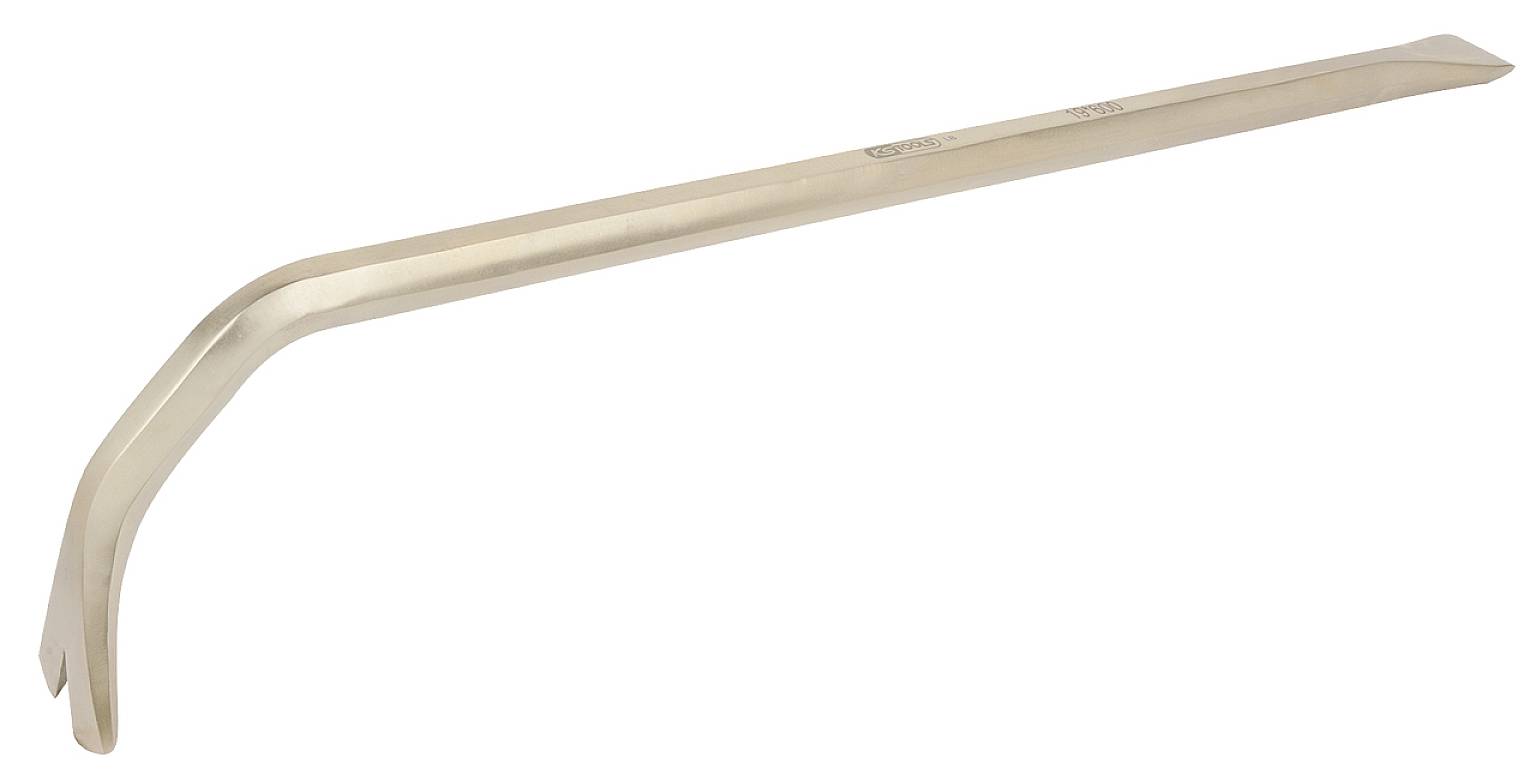 Ein goldfarbener Kuhfuß mit zwei gebogenen Enden, zum Hebeln oder zum Entfernen von Nägeln.