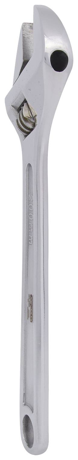 Ein silberfarbener, verstellbarer Schraubenschlüssel mit einem schwarzen Drehmechanismus. Ideal zum Greifen und Drehen von Muttern und Schrauben.