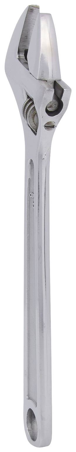 Eine verstellbare Schraubenschlüssel aus Metall mit glänzender Oberfläche, aufrecht stehend.