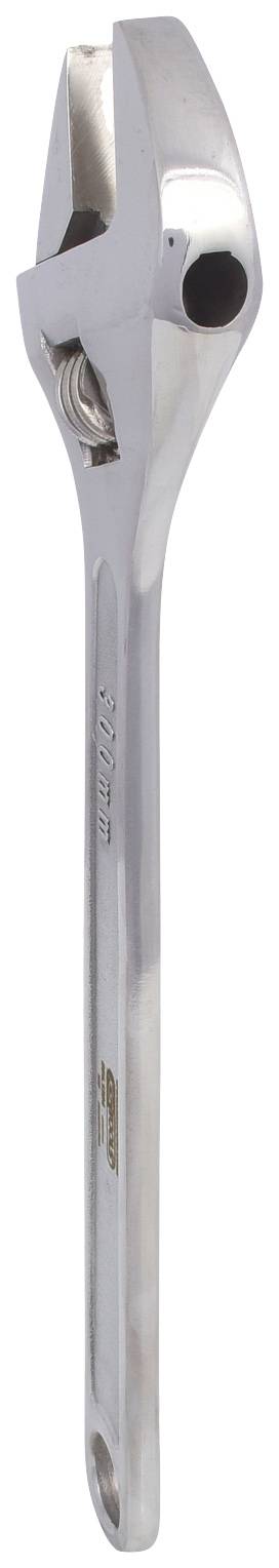 Ein verstellbarer Schraubenschlüssel aus Metall in Seitenansicht, glänzend und silberfarben, mit drehbarem Kopf zum Lösen von Muttern.