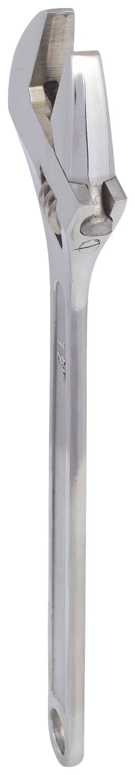 Ein silberner, verstellbarer Schraubenschlüssel mit langem Griff, aufrecht stehend, vor weißem Hintergrund.