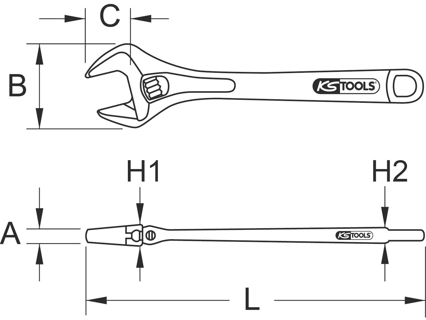 Abbildung eines verstellbaren Schraubenschlüssels mit Maßen: L, A, B, C, H1 und H2, von oben und seitlich gezeigt, mit KS Tools Logo.