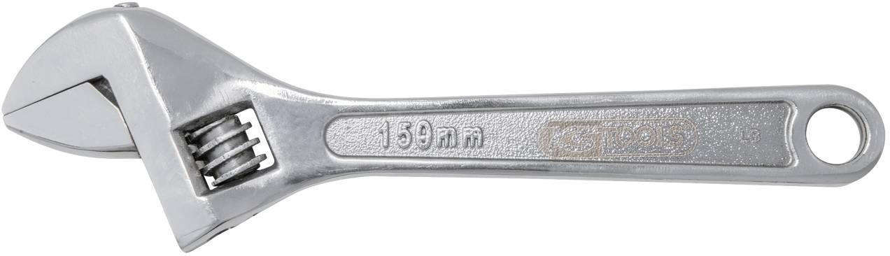 Verstellbarer Schraubenschlüssel aus Metall, 150 mm lang, mit rutschfestem Griff und Loch zum Aufhängen. Ideal für Haushaltsreparaturen.