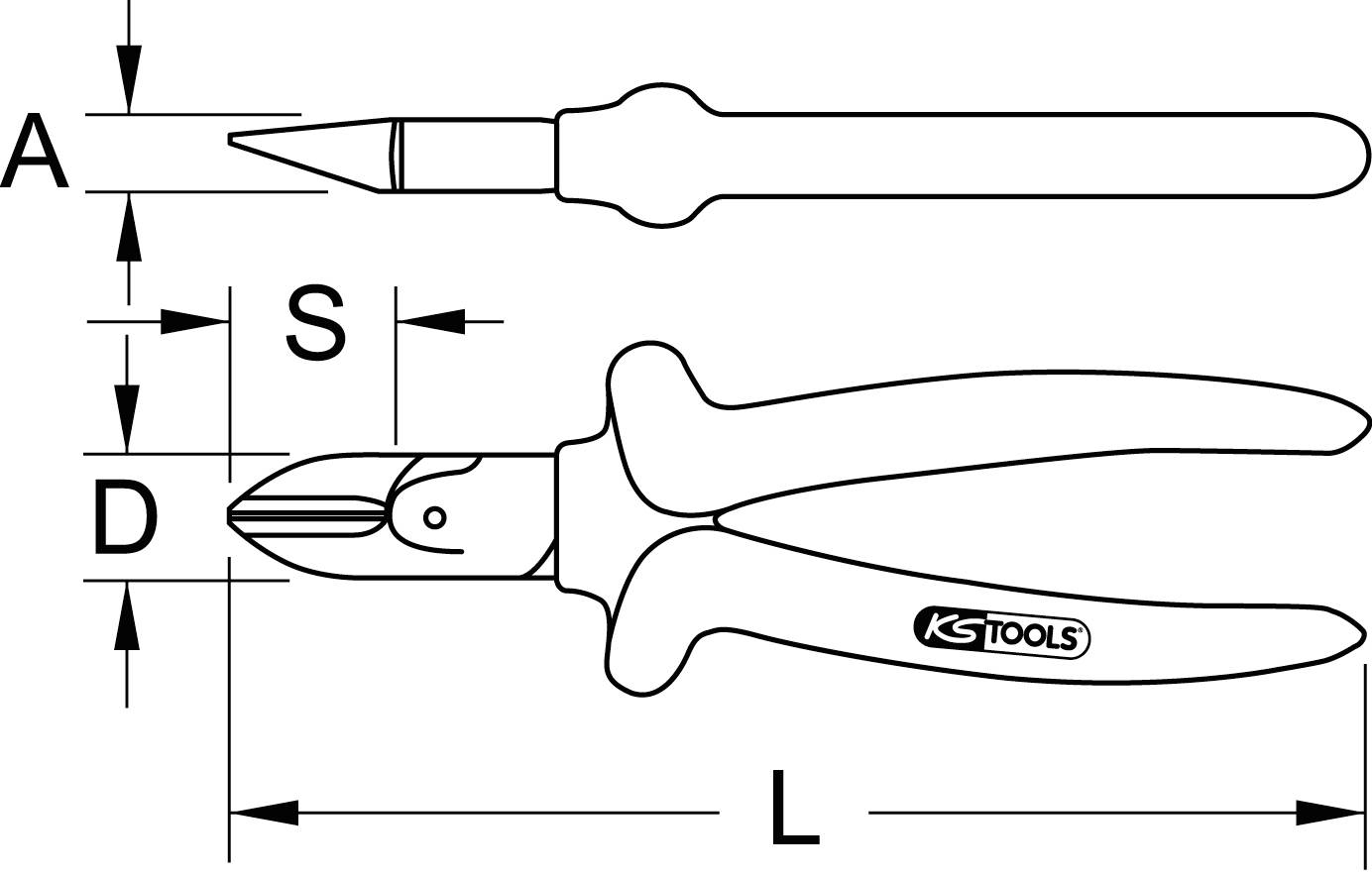 Technische Zeichnung eines Seitenschneiders mit Abmessungen. A: Länge, D: Durchmesser, S: Breite. Werkzeug von 'KS TOOLS'.