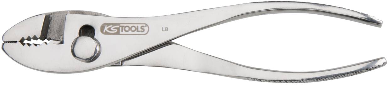 Eine silberne Zange von KS Tools mit ergonomischem Griff und gezackten Backen für festen Halt.