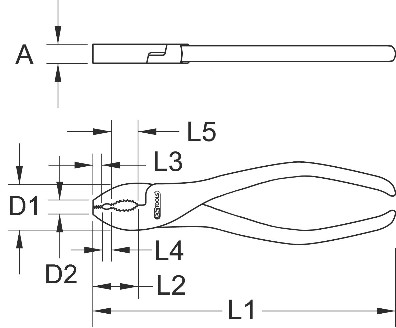 Zeichnung einer Zange mit Abmessungen: L1, L2, L3, L4, L5, D1, D2 und A. Zeigt Seiten- und Oberansicht für technische Spezifikationen.