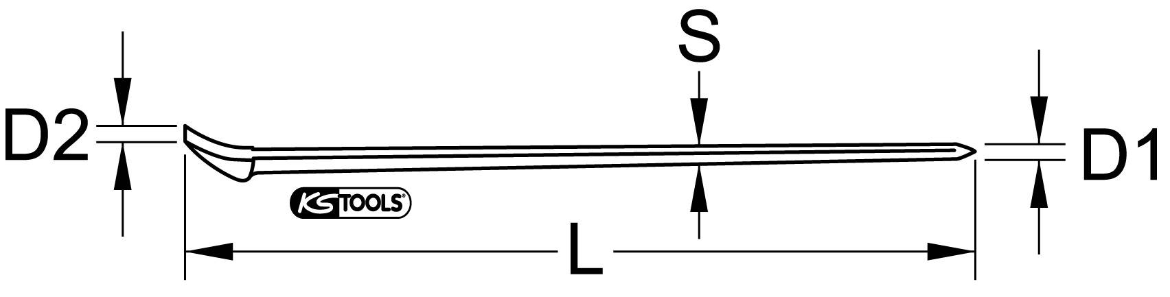 Abbildung eines Hebeleisens mit technischen Maßen: Länge (L), Durchmesser vorne (D1), Durchmesser hinten (D2), und Stärke (S).