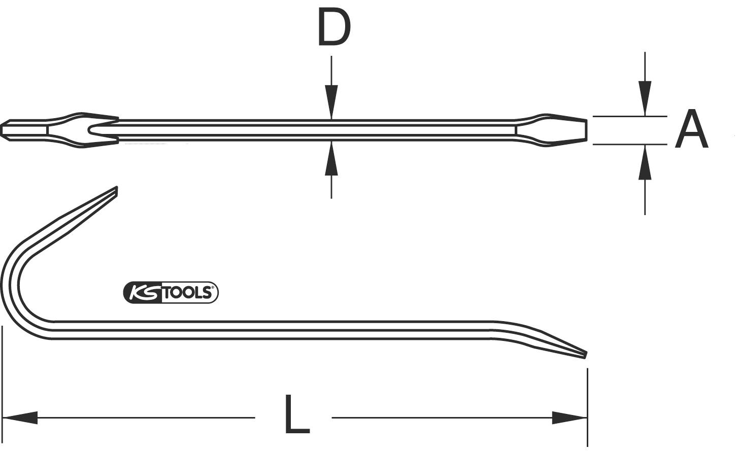 Diagramm eines Brecheisens mit Maßen: 'A' für Breite, 'D' für Durchmesser, 'L' für Länge. Markenlogo neben der Abbildung.