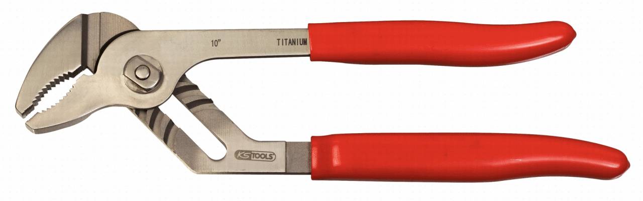 Die Abbildung zeigt eine verstellbare Wasserpumpenzange aus Metall mit roten Kunststoffgriffen.