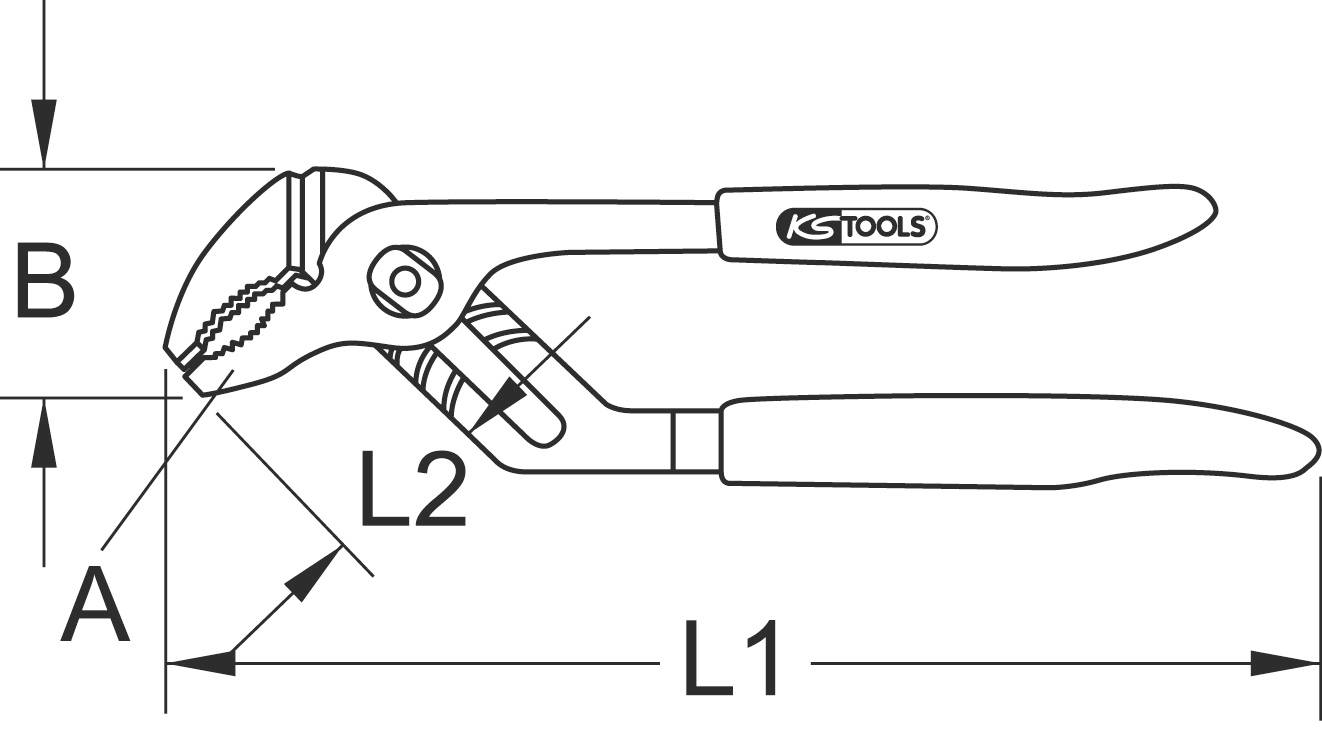 Abbildung einer Wasserpumpenzange mit verstellbarem Maul. Markierungen zeigen Maße L1, L2, A und B für technische Spezifikationen.