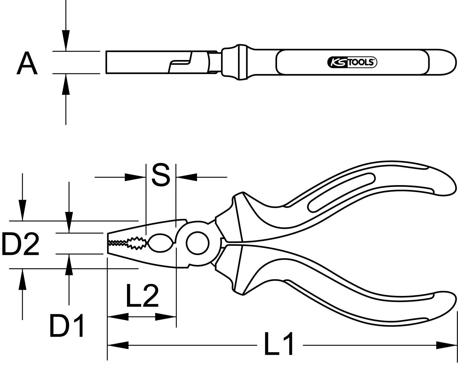 Abbildung einer Zange mit Bemaßung. Wichtige Maße sind L1, L2, D1, D2 und S. Zeigt Detailansicht und Seitenansicht. Logo 'KS Tools'.