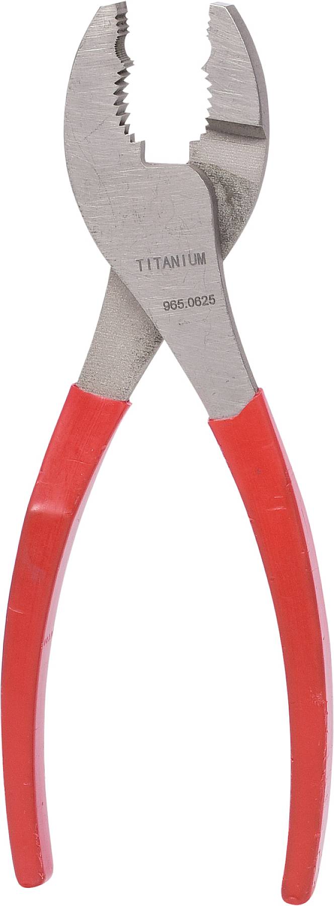 Eine Zange mit rotem Griff und silbernem Metallkopf. Der Schriftzug 'TITANIUM' und die Nummer '905-0825' sind darauf eingraviert.