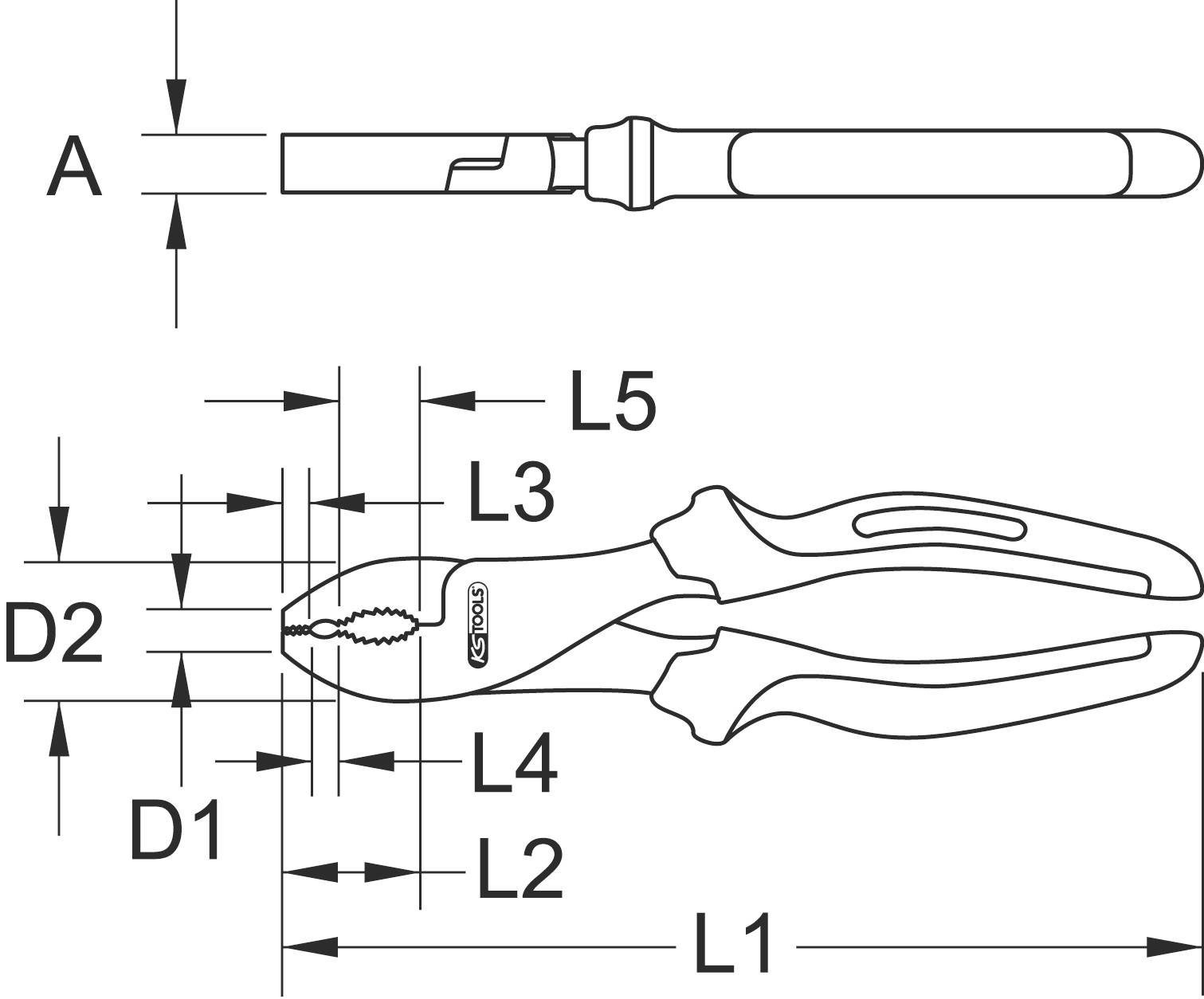 Zeichnung einer Kombizange mit Maßangaben: L1, L2, L3, L4, L5, D1 und D2. Oben Abbildung einer Draufsicht des Zangengriffs.