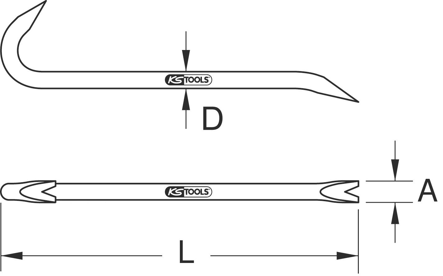 Brecheisen-Diagramm mit zwei Ansichten: obere Ansicht zeigt Hakenform, untere Ansicht hat doppelte Spitze. Maße: D = Durchmesser, L = Länge, A = Breite.