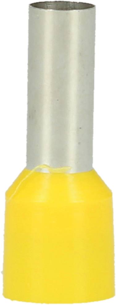 Ein gelber isolierter Kabelschuh mit metallener Öffnung für die Befestigung an Draht. Verwendet zur elektrischen Verbindung von Kabeln.