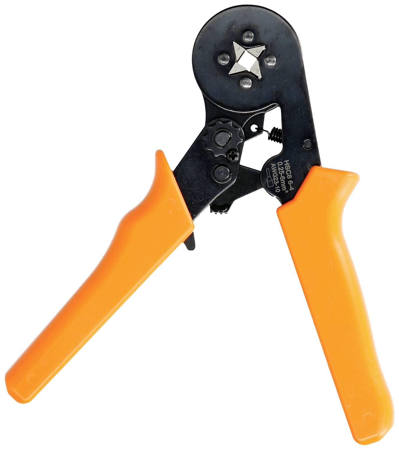 Eine orangefarbene Crimpzange mit schwarzem Kopf zum Verbinden von Kabeln und Steckern, im geöffneten Zustand dargestellt.