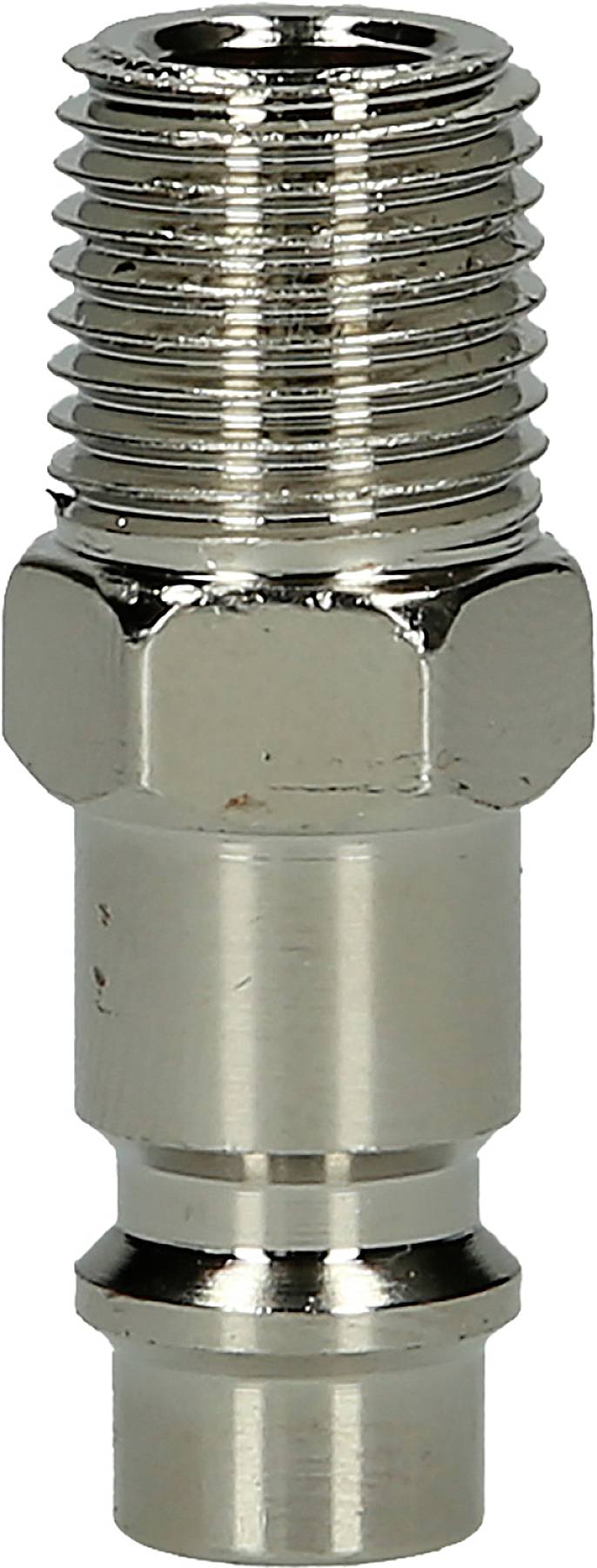 Metallverbindungsstück mit Schraubgewinde und sechseckigen Mutternabschnitten, verwendet zur Sicherung von Schläuchen oder Rohren.