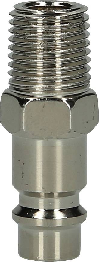 Metallischer Druckluftanschluss mit Gewinde oben und glatter Rohrverbindung unten. Verwendet für die schnelle Verbindung von Schläuchen.
