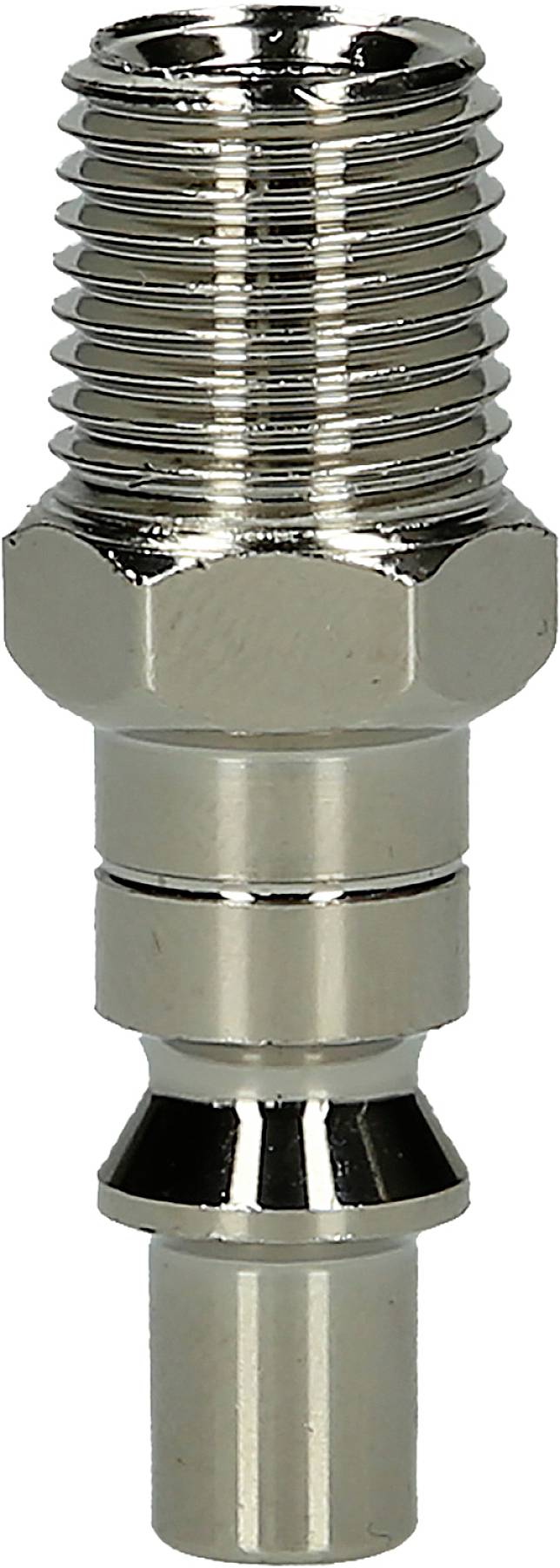 Ein glänzender Metalladapter mit Gewinde, vermutlich für industrielle oder mechanische Anwendungen, vor weißem Hintergrund.