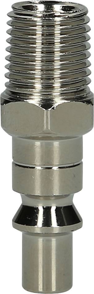 Ein metallischer Stecknippel mit Außengewinde, glänzend und zylindrisch geformt, dient zur schnellen Verbindung von Druckluftleitungen.