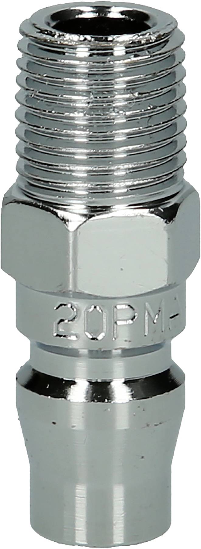 Metallischer Gewindestecker mit Rillen, geeignet für Druckluftverbindungen. Oberflächen sind glänzend und silbern, gekennzeichnet mit '20 PM'.